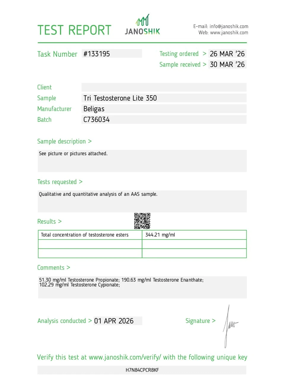 Beligas Pharma Tri Test Lite 350 mg 10 ml lab report image