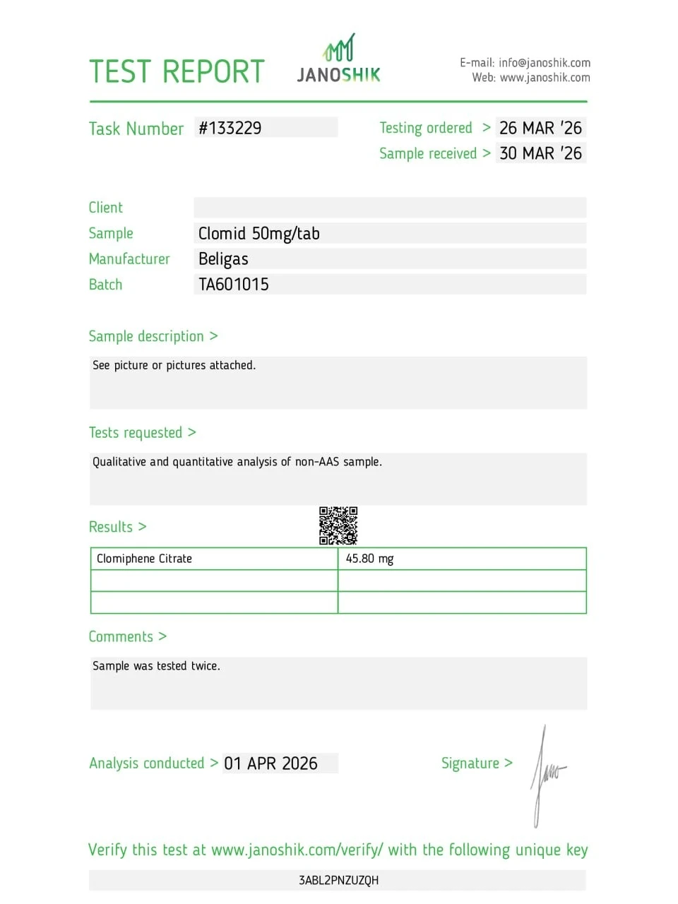 Beligas Pharma Clomid 50 lab report image