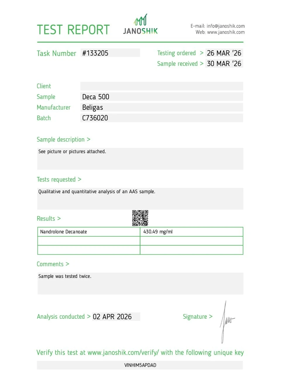 Beligas Pharma Deca 500 lab report image