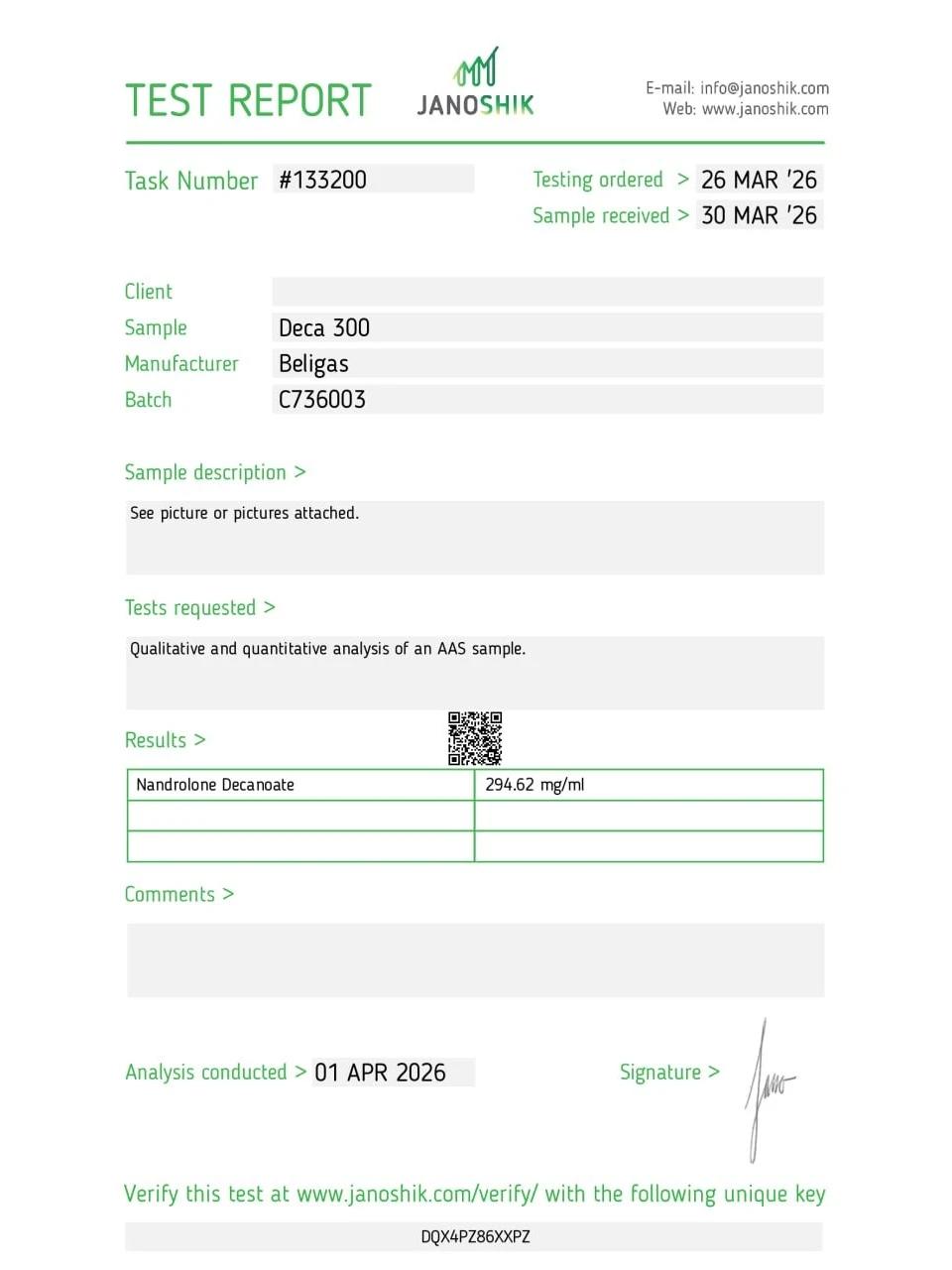 Beligas Pharma Deca 300 lab report image