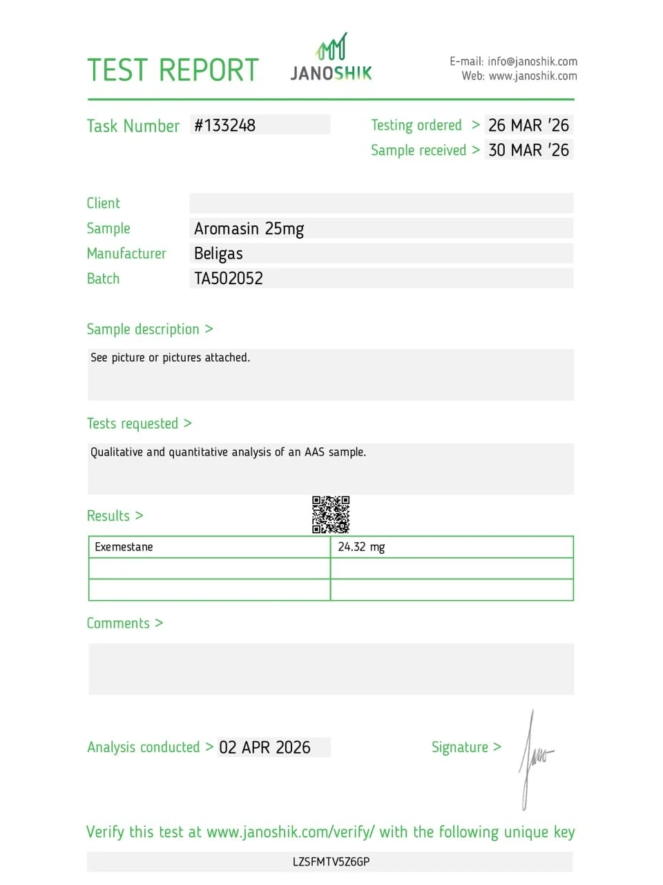 Beligas Pharma Aromasin 25 mg lab report image