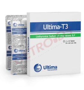 Ultima-T3 25 mcg 50 Tablets Ultima Pharma USA Ultima-T3 25 mcg 50 tablets by Ultima Pharma USA product packaging
